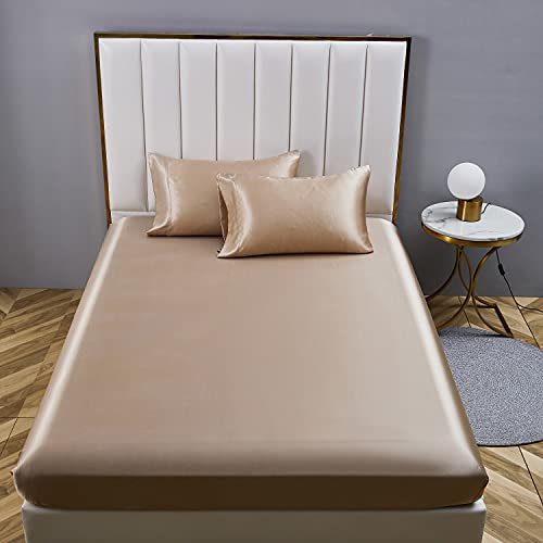 Boqingzhu Satin Spannbettlaken 180x200cm Gold Uni Seide Spannbetttuch Microfaser Bettlaken für bis 25cm Matraze