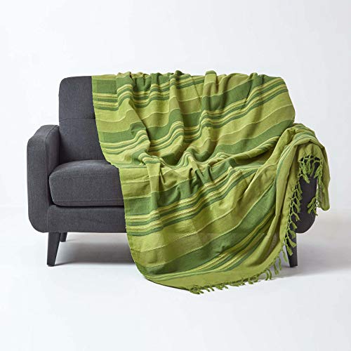 Homescapes Tagesdecke Morocco, grün, Sofa-Überwurf aus 100% Baumwolle, weiche Wohndecke 150 x 200 cm, grün gestreift, mit Fransen