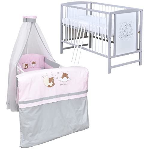 Baby Delux Babybett Komplett Set Kinderbett 120x60 weiß grau Mia Matratze Bettwäsche Set Laken Rüsche (Traumland rosa grau)