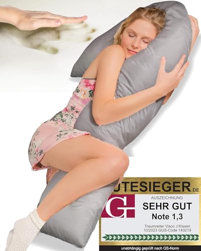 Traumreiter Schwangerschaftskissen Memory Foam Hybrid Kissen mit Bezug Grau, zum Schlafen, J-Form Seitenschläferkissen XXL Stillkissen Schwangerschaft Komfortkissen Erwachsene (Visco J L)