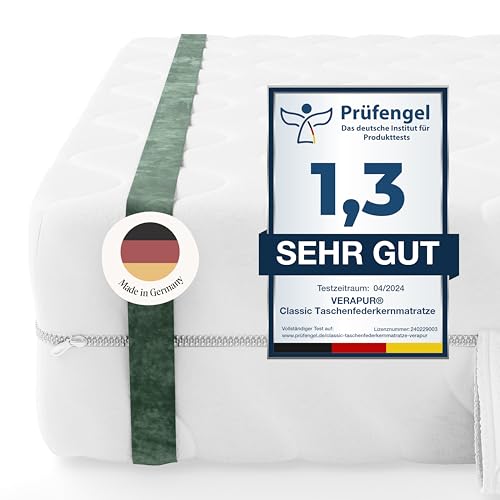 verapur Classic Taschenfederkern Matratze 180 x 220 cm H3, 7-Zonen, 21cm hoch, TFK Tonnentaschenfederkernmatratze, waschbarer Bezug, Öko-Tex