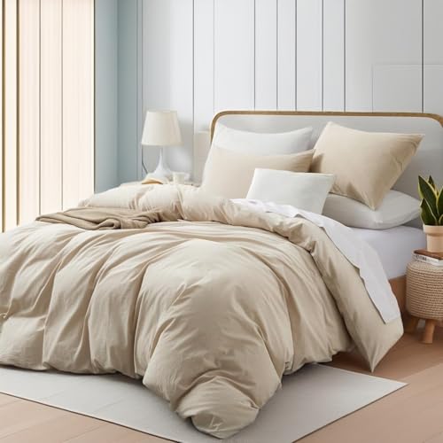 Boqingzhu Baumwolle Bettwäsche 200x220cm Beige Creme Taupe Einfarbig Uni Ästhetik Doppelbett Weich Renforce Baumwollbettwäsche Bettbezug 200x220cm und 2 Kissenbezüge 80x80cm mit Reißverschluss