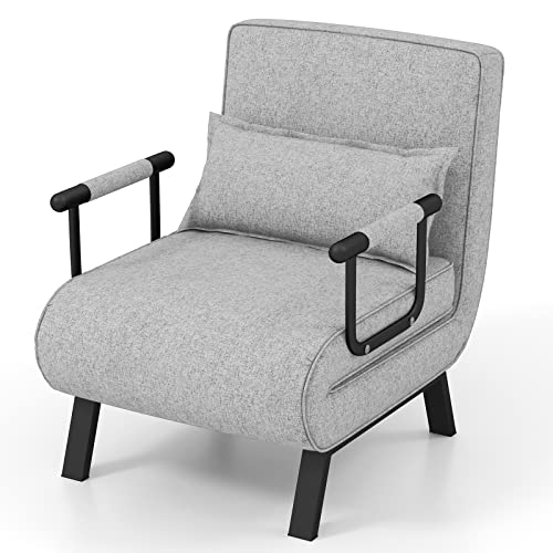 RELAX4LIFE Schlafsessel 4 in 1, Schlafsofa mit Bettfunktion, Klappsessel mit 6-stufig Verstellbarer Rückenlehne&Abnehmbarem Kissen&Armlehnen, bis 150kg belastbar, Gästebett für Wohnzimmer (Hellgrau)