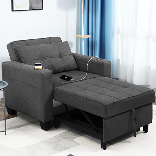 DURASPACE 99cm Schlaferstuhl, 3-in-1 umwandelbarer Stuhl Bett, ausziehbarer Schlafsessel, Schlafsofa mit USB-Anschlüssen, Seitentasche, Getränkehalter für kleinen Raum (Dunkelgrau)