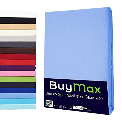 Buymax Spannbettlaken Topper 120x200 cm Spannbetttuch 100% Baumwolle Jersey für Matratzentopper bis 9 cm Matratzenhöhe Bettlaken für Boxspringbett Topper, Blau Hellblau
