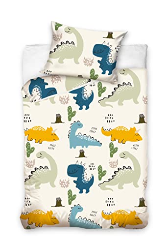 BELIKATO Kinderbettwäsche 100x135 aus 100% Baumwolle mit Dino-Motiven - Kinder- und Baby-Bettwäsche Set für Jungen mit Kopfkissen- und Bettdeckenbezug (Dinosaurier 100 x 135 und 40 x 60)