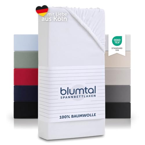 Blumtal® Baumwolle Spannbettlaken 90x200 cm Basics Jersey - Bettlaken 90x200 cm - Oeko-TEX zertifiziertes Spannbetttuch 90x200 cm - Matratzenbezug 90x200 cm - Bettbezug - Leintuch - Weiß