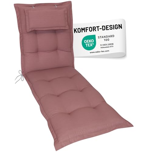 Herlag Liegenauflage AVA 190x60x9cm | Extra Dickes Liegepolster 9cm mit Kopfpolster | Polsterauflage für Gartenliege mit Deluxe-Komfort | Öko Tex 100 | Rosé