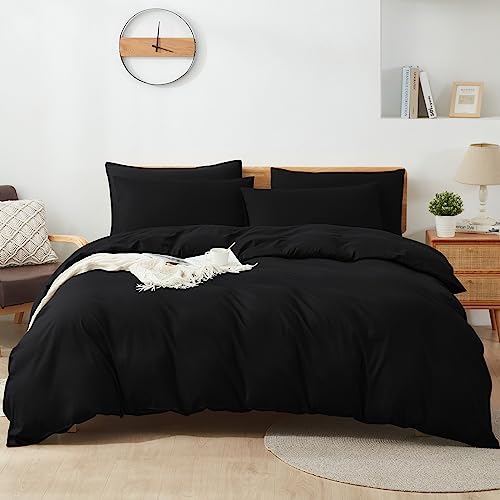 Bettwäsche 135x200 Baumwolle Schwarz, 100% Baumwolle Bettbezug aus Atmungsaktive, Bettwäsche-Set mit 1 Kissenbezüge 80x80 cm+ 1 Bettbezüge mit Reißverschlus