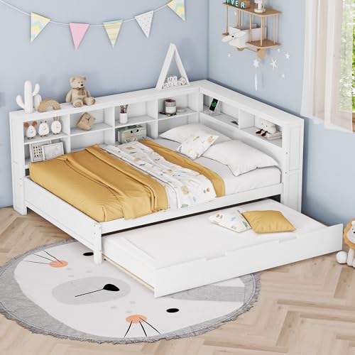 Ctastay Schlafsofa Kinderbett Doppelbett 140x200 mit USB, Bett Sofabett Tagesbett mit Stauraum Schrankfach & Ausziehbares Rollbett, Holzbett Gästebett Familienbett mit Lattenrost, Weiß, Ohne Matratze