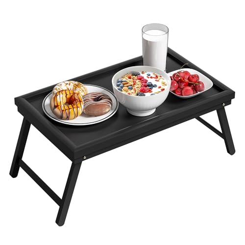 EXABANG Frühstückstablett Bambus Betttisch Klappbar Betttablett Essenstablett mit Fuß Tabletttisch Bed Table Klapptisch Bett Tablett Tisch Tablett (50 * 30 * 23 cm, Schwarz)