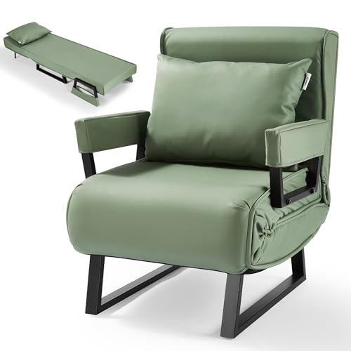 Makika Schlafsessel Schlafsofa Kunstleder Rio 4in1 mit Armlehne - Bettfunktion - Verstellbare Rückenlehne - inkl. Kopfkissen - Bis 200kg - Klappsessel Relaxsessel Sofabett Klappbett Wohnzimmer Grün