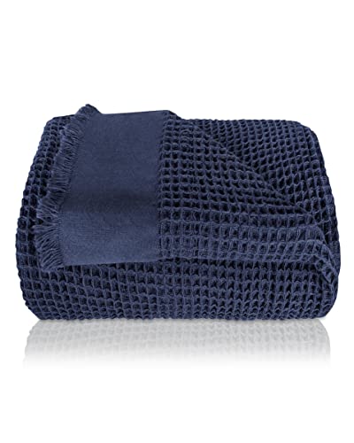 Gräfenstayn Premium Tagesdecke mit Fransen - 150 x 200 cm - leichte Sommerdecke Waffelpique - 100% Baumwolle - kühlende Wohndecke, Baumwoll-Decke als Sofa und Bett-Überwurf (Marineblau)