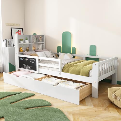 Kinderbett 90x200, Holzbett mit Schubladen und Tafel, Kopfteil mit Bücherregal & Rausfallschutz, Bett mit Lattenrost und Stauraum, Jugendbett, Funktionsbett, Bettgestell aus Holz, ohne Matratze, Weiß