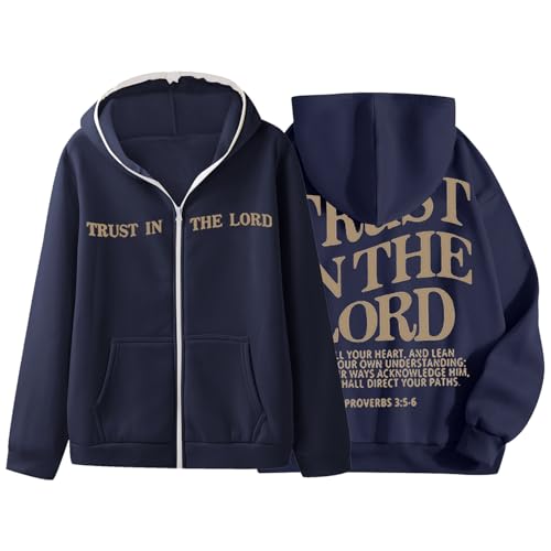 Unisex-Reißverschluss, Motiv: „Head Trust In The“, bedruckter Kapuzenpullover, trendige, lässige Hip-Hop-Kapuzenjacke Pullover Mantel Herren (Navy #2, M)