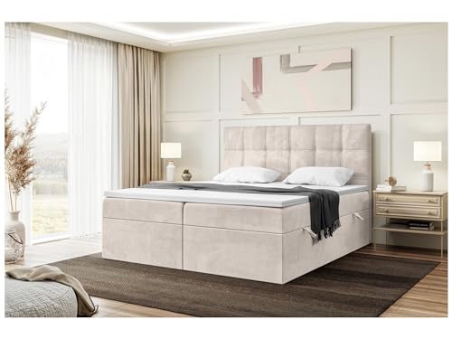 MEBLINI Boxspringbett mit Bettkasten - Gepolstert Doppelbett mit Matratze und Topper - Polsterbett mit Stauraum - Bett mit Kopfteil - Stauraumbett - Kai - 200x220 - H3/Beige Samt