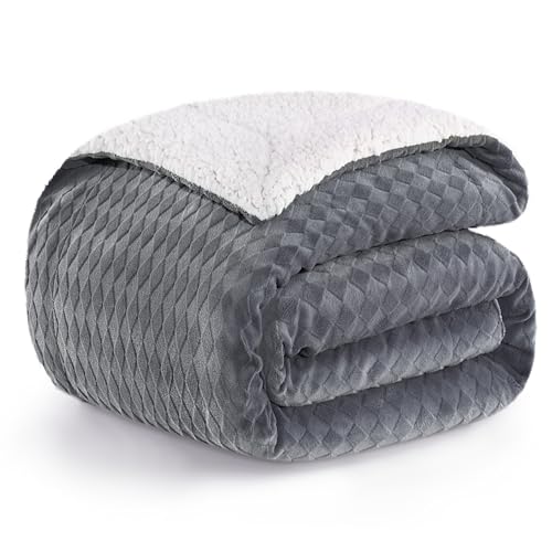 PanxHome Sherpa Decke 160x200 cm, Einzigartige Raute Jacquard Milchvelours Kuscheldecke, 470GSM Dicke Decke, Warm Kuscheldecke Flauschige, Sofadecke, Wohndecke, Couchdecke, Dunkelgrau