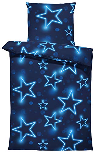 one-home Bettwäsche Mikrofaser Garnitur Bettbezug modern viele Muster mit Reißverschluss, Farbe:Sterne blau, Größe:2 teilig 135x200 cm