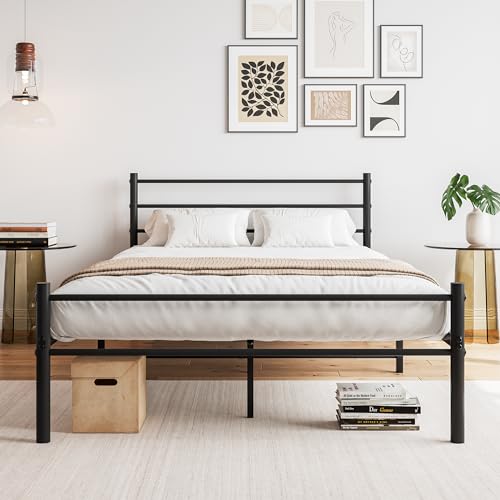 FOUBAM Modern Metallbett Bettgestelle mit Lattenrost, Doppelbett/Einzelbett, Bettrahmen mit Kopfteil, Bed Frame Gästebett Jugendbett für Schlafzimmer Gästezimmer 120x200 cm/Schwarz