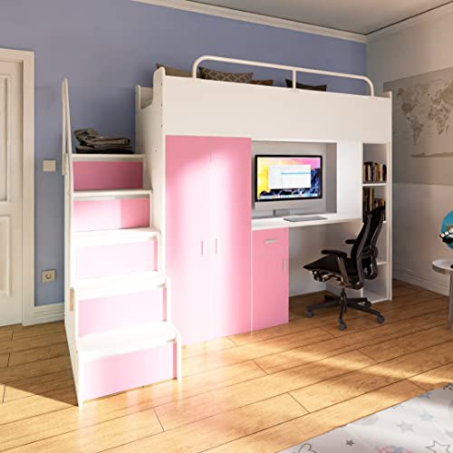 Marlux-Meble Hochbett Kinderbett JSM-4 80x190 mit Kleiderschrank Schreibtisch und Treppe Matt Kinderbetten Funktionsbett Etagenbett Stockbett Kinderhochbett Jugendhochbett (Rosa Matt)