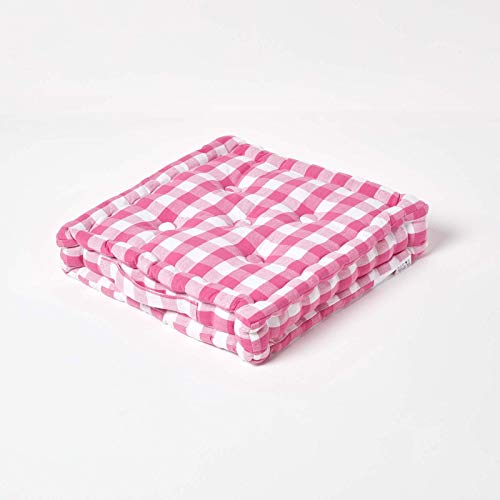 Homescapes Sitzkissen 40 x 40 cm, pink-weiß Kariertes Bodenkissen Gingham, extra Dickes Stuhlkissen mit Karo-Muster, Sitzpolster aus 100% Baumwolle mit Polyester-Füllung, Sitzerhöhung, 10 cm hoch