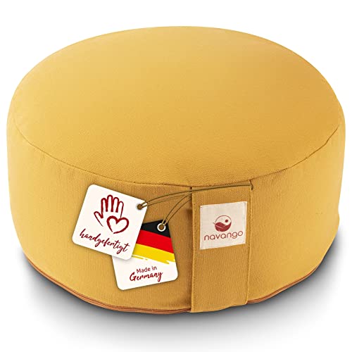 Navango® Meditationskissen - Honiggelb I Rundes Yogakissen handgefertigt in Deutschland I Sitzhöhe 15cm I Verdeckter Reißverschluss I 100% Dinkelspelz Füllung I Waschbarer Bezug 100% Baumwolle