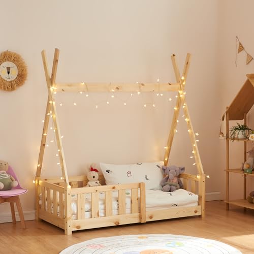 [en.casa] Kinderbett Helsingborg 70 x 140 cm mit Rausfallschutz Lattenrost Tipi Zelt Jugendbett Bettgestell Kiefernholz Holzbett für Kinder Holzfarben