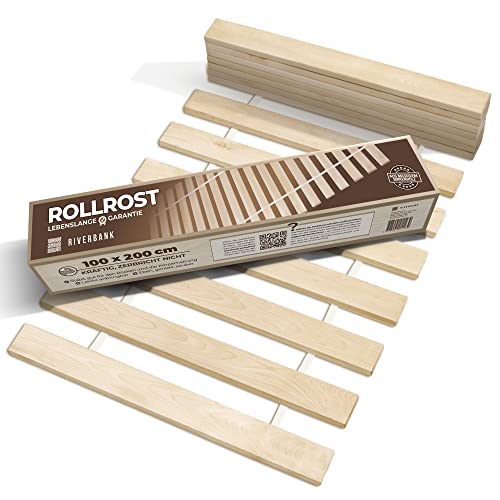 RIVERBANK Hochwertiger Birkenholz Rollrost - Rolllattenrost mit 14 Extra Starken Latten & Hoher Tragfähigkeit | Lattenrost 100x200cm aus Massiver Birke - Stabil & Robust | Bett Rost - 100 x 200