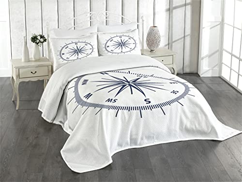 ABAKUHAUS maritim Tagesdecke Set, Monochromatische Windrose Kunst, Set mit Kissenbezügen Waschbar, für Doppelbetten 264 x 220 cm, Marineblau Weiß