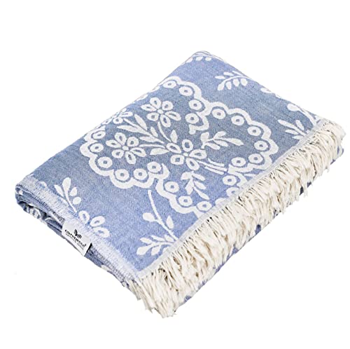 Carenesse Jacquard Tagesdecke Single Size Paisley 150 x 200 cm blau I Edle & zarte Wendedecke aus 100% Baumwolle mit hochwertiger Webung I Überwurf für Bett & Sofa I Wohndecke dünn & leicht