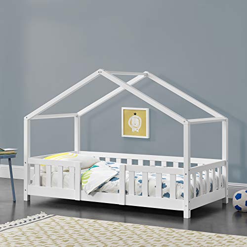 [en.casa] Kinderbett Treviolo Hausbett 70 x 140 cm Holzbett für Kinder mit Rausfallschutz Bettgestell mit Lattenrost Kiefernholz Weiß