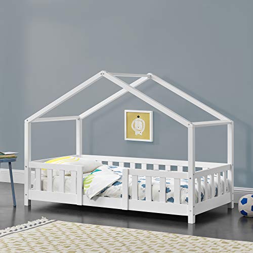 [en.casa] Kinderbett Treviolo Hausbett 70 x 140 cm Holzbett für Kinder mit Rausfallschutz Bettgestell mit Lattenrost Kiefernholz Weiß