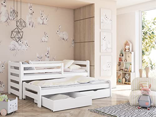 Kids Collective Einzelbett 90x200 cm mit Rausziehbett 90x190 cm mit zwei Matratzen und zwei Schubladen, Rausfallschutz und Lattenrosten, Vollholz massiv in weiss, Kinderbett Funktionsbett 200x90