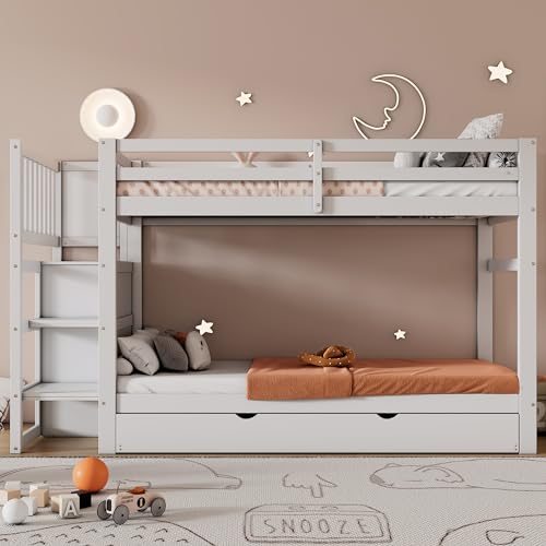 Rtopsu Etagenbett Kinderbett 90x200 cm mit Ausziehbarem Bett, Hochbett mit Treppe und 4 Stauraum Schubladen, Hausbett mit Lattenrost und Rausfallschutz für 2-3 Kinder, Weiß, Ohne Matratze