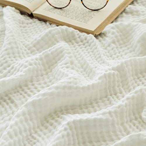 EMME Baumwolldecke 100% Musselin Decke Erwachsene, 6-Lagige Sofadecken Atmungsaktive Weiche Decke Alle Jahreszeiten Vorgewaschen Couch Decken Baumwolle Tagesdecke, 140 x 190 cm,Weiß