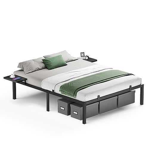 VASAGLE Bett 160 x 200 cm, Doppelbettgestell aus Metall mit Aufbewahrungsregalen, Modern Jugendbett, Gästebett, einfache Montage, klassikschwarz RMB095B01