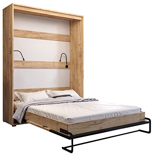 KRYSPOL Bett im Schrank Case, Vertikal, Schlafzimmer, Jugenzimmer, Modern Design (Eiche Kraft Gold + Schwarz, 160 x 200 cm)