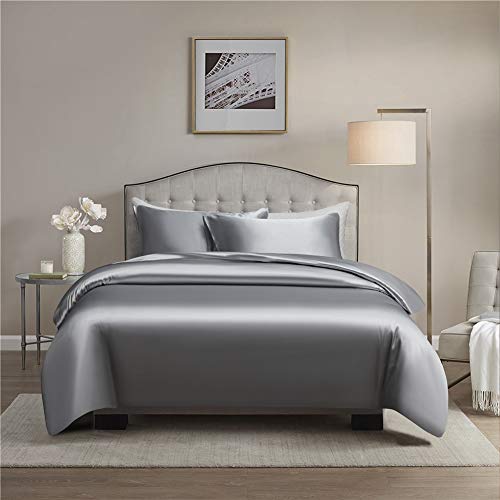 Gnomvaie Satin Bettwäsche Set 135x200 cm, Grau Einfarbig 2 Teilig Seide Luxus Angenehm Bettbezug mit Reißverschluss und Kissenbezug 80x80cm