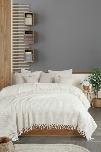 BOHORIA® Tagesdecke 220x240 cm XXL in Waffeloptik Inara | extra groß | 100% Baumwolle | Oeko-Tex® | Überwurf für Sofa, Sessel & Bett | Sofadecke Wolldecke Wohndecke (Natural Cotton)