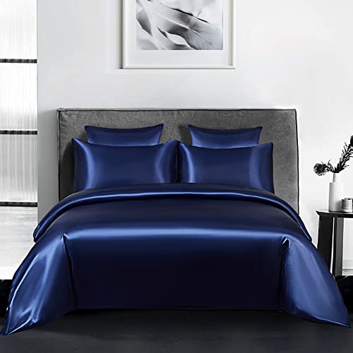 AShanlan Bettwäsche Set Satin 135x200 Blau Uni Einfarbig Deckenbezug 100% Glatt Angenehm Glanzsatin Polyester - 1 Bettbezug 135 x 200 + 1 Kissenbezug 80 x 80 cm