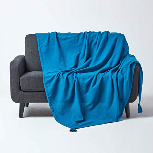 Homescapes große Tagesdecke Rajput, türkis/blau, Wohndecke aus 100% Baumwolle, 225 x 255 cm, Sofaüberwurf/Couchüberwurf in RIPP-Optik