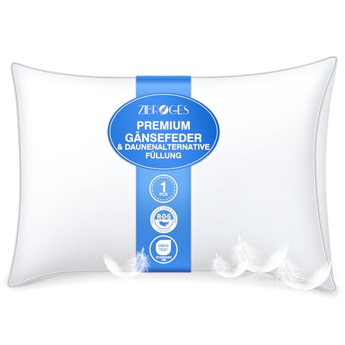 Zibroges Deluxe Daunenkissen 40x80cm mit Dreifacher Komfortschicht - Deutsches Design - Hygienisches Federkissen mit 100% Hochwertiger Weicher Füllung, Waschbar und Umweltbewusst