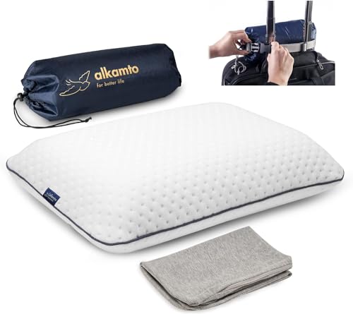 alkamto Reisekissen –Camping Kissen –Ergonomisches Memory-Schaum-Kissen mit Temperaturregulierende Bezug –Extra Baumwollbezug – Inklusive Reisetasche