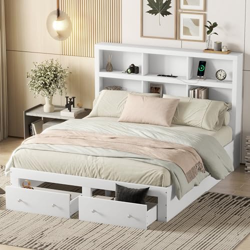 Ctastay Doppelbett Holzbett 160X200 cm, Kopfteil mit Stauraum und USB-Anschluss, Bett mit Stauraum in 2 Schubladen, Bettgestell mit Lattenrost, Stauraumbett, Weiß (Ohne Matratze)