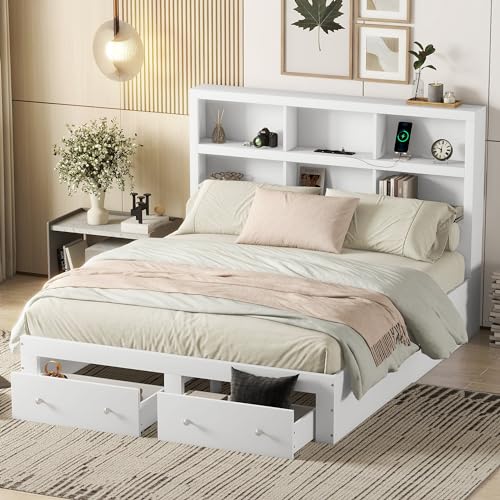 Doppelbett 160x200, Massivholz Kingsize-Plattformbett mit 2 Schubladen, Kopfteil mit Bücherregal und USB-Ladeanschluss, Bett mit Lattenrost, Jugendbett Funktionsbett Bettgestell, ohne Matratze (Weiß)