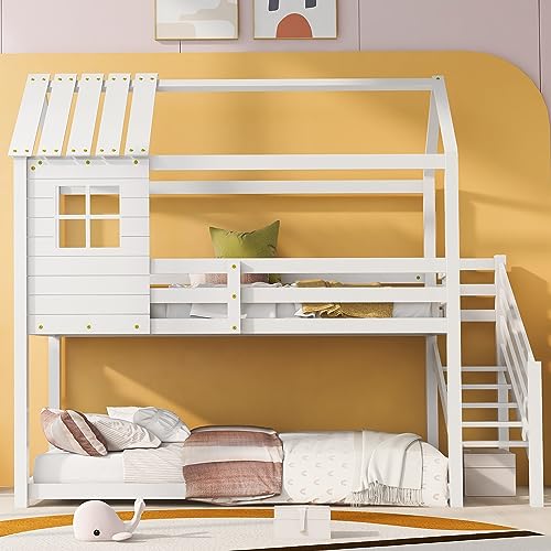 FEZTOY Kinderbett Baumhaus mit Ecktreppe und Fallschutz, Etagenbett mit Treppe 2 Kinder 90 x 200cm, Hausbett, Hochbett für Kinder, 1X Lattenrost, Rahmen aus Kiefer (weiß)