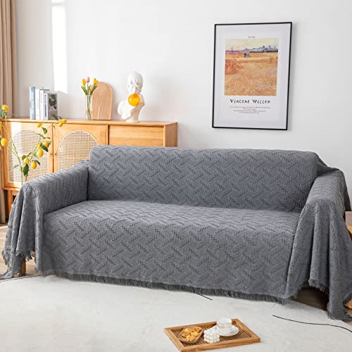 LHGOGO Sofadecke Sofa Überwurfdecke für Sofa Große Kuscheldecke Baumwolle Sofaüberwurf mit Fransen, Doppelseitig Couch Überwurf Sofa Vielseitige Decke für Sofa Groß 3-Sitzer 180x300cm - Grau