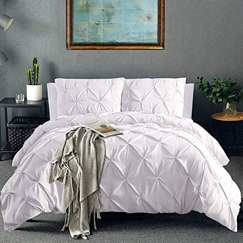 CoutureBridal Weiß Bettwäsche 200x220cm Luxus Pintuck Plisseefalten Mikrofaser Wendebettwäsche Set Uni Doppelbett Bettbezug mit Reißverschluss und 2 Kissenbezug 80x80cm