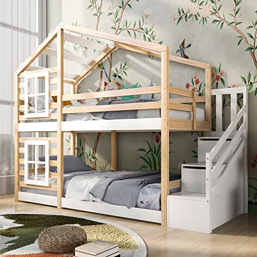 Tkopy Kinderbett Hausbett 90x200 Etagenbett für 2 Kinder, Baumhaus Hochbett mit Fenster und Schubladen, Holzbett mit Rausfallschutz und Lattenrost, Treppe, ohne Matratze, Natur & Weiß