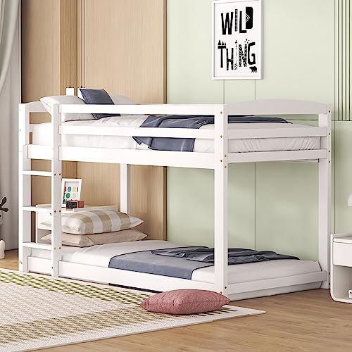 Rtopsu Kinderbett Etagenbett 90x200 cm, Hochbett mit Rausfallschutz und Treppe für 1-2 Kinder, Bett Bettgestell mit Lattenrost aus Holz, Weiß, Ohne Matratze